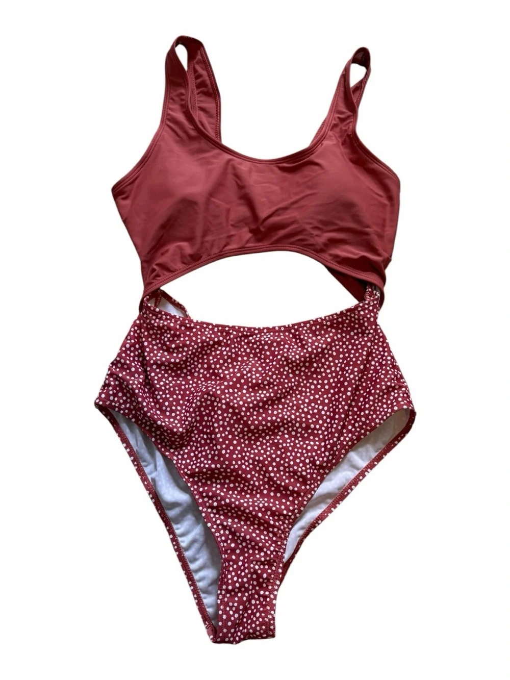 Women's One-Piece Cutout Swimsuit in Deep Red and White Polka Dot